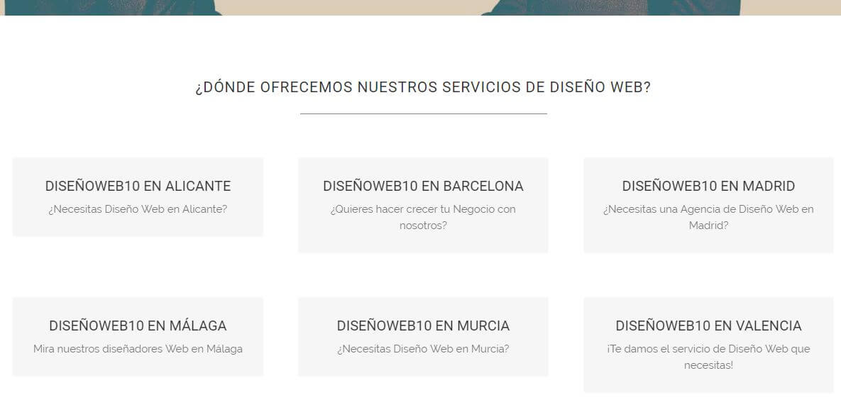 es   Если вы посмотрите на свою домашнюю страницу, у вас есть ссылки на конкретные страницы, на которых вы размещаете по местным терминам, таким как «Веб-дизайн Валенсия» или «Веб-дизайн Барселона», что будет хорошим примером SEO на странице, ориентированной на геолокацию